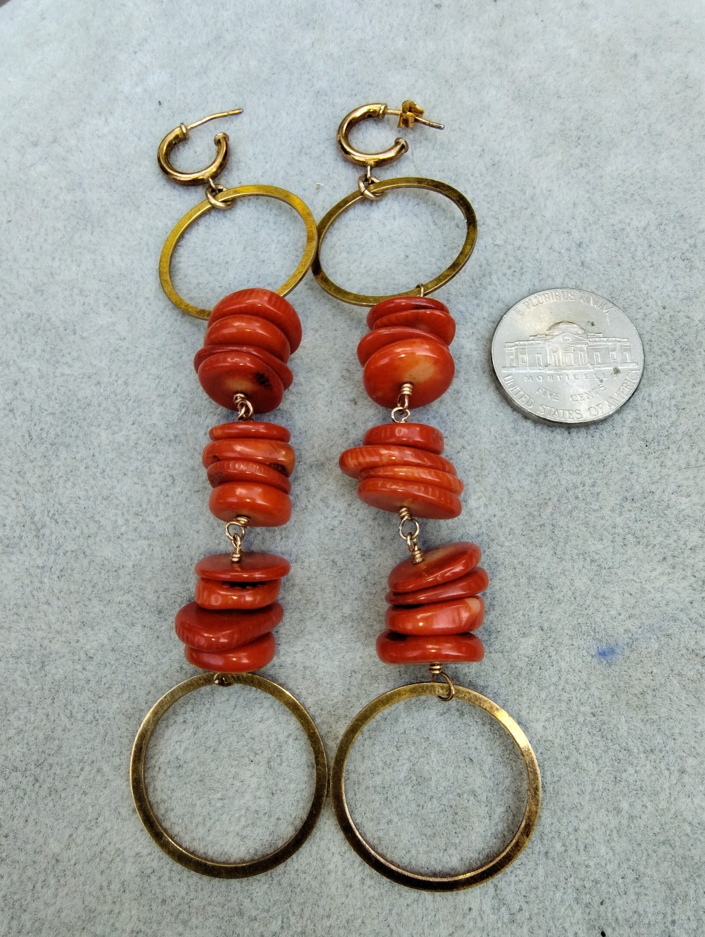 Handcrafted Red Coral Disk & Gold Hoop Drop Earrings 4.5 Inches